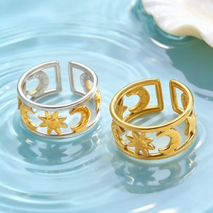 Detail van hemelse ringen met zon en maan in goud en zilver op een water achtergrond
