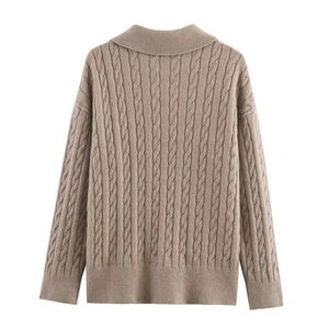 Brown long sleeve polo neck knit sweater with textured cable knit back view