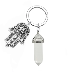 Detailansicht der Hamsa-Hand und Hex-Kristall-Anhänger an einem silbernen Schlüsselring