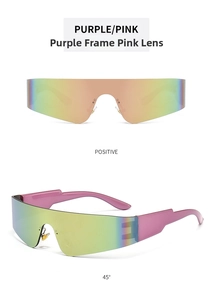 Detailed views of futuristic rimless sunglasses with pink-to-yellow gradient lenses