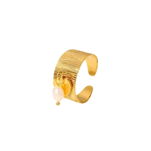 18K gold plated wide open ring featuring linear texture with pearl and heart charms
