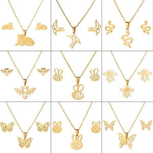 Stainless Steel Animal Necklace And Earrings Jewelry For Women Minimalist Cat Butterfly Bee Snake Pendant Neckwear