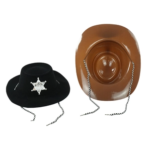 Black sheriff hat with badge and brown cowboy hat set with chin straps for party decor
