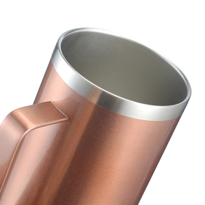 Close-up of dual-layer stainless steel rim and rose gold matte finish on 24oz mug