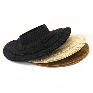 Women's summer straw sun hats with frayed tassel edges in black beige and brown