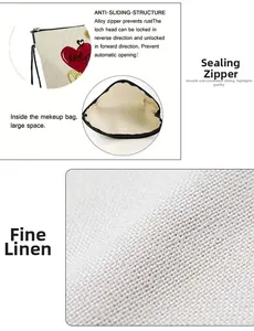 Détail du sac à cosmétiques en toile avec motif cœur, zip en métal et texture durable
