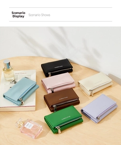 Flat lay of small women's wallets in multiple colors with classic star text logo