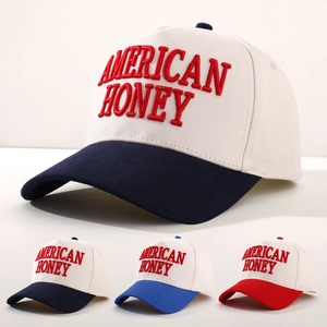 Adjustable American Honey embroidered baseball caps in navy, light blue, and red colors