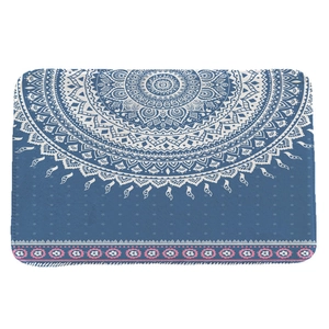 Navy blue rectangular flannel bath mat with white mandala pattern and floral border