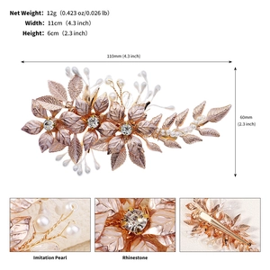 Detailed specs of bridal gold hair clip with pearls, rhinestones and enamel flowers