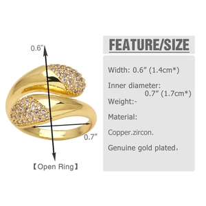 Detailed dimension guide for gold-plated open ring with zircon inlay and copper base