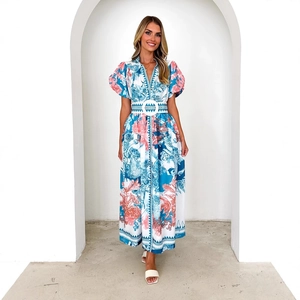 Elegant white floral maxi dress with puff sleeves and V-neckline for summer fashion