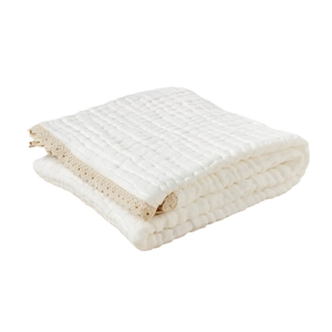 White 6-layer muslin cotton baby swaddle blanket with elegant beige lace trim edges
