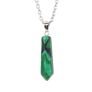 Detail of a green malachite hexagonal pillar pendant on a silver metal chain
