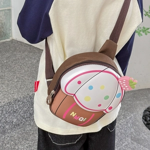 Kids cute cupcake crossbody bag with strawberry decor and adjustable brown strap