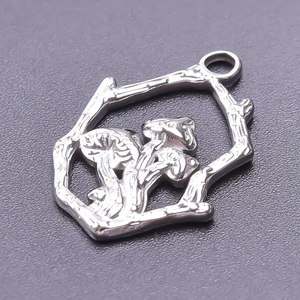 Macro shot of silver mushroom pendant in hexagonal branch frame with steel finish