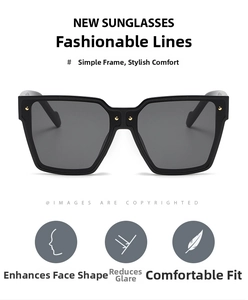 Detailed view of black square oversized sunglasses with gold rivet details on the frame