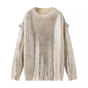 Women Knit Sweater Top Metallic Bronzing Round Neck Long Sleeve Loose Wood Ear Ruffle Trim Casual Autumn Winter Pullover
