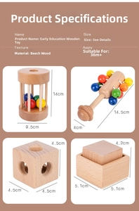 Detail view of beech wood Montessori toys showing product dimensions and age specifications