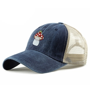 Blue washed canvas mesh trucker hat featuring cartoon mushroom and frog embroidery