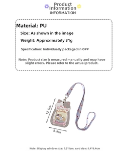 Detail showing cartoon cat PU card holder dimensions with printed lanyard and metal hook