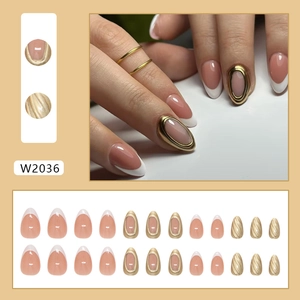 French tip press on nails with 3D gold accents and metallic textures, 24 pieces set
