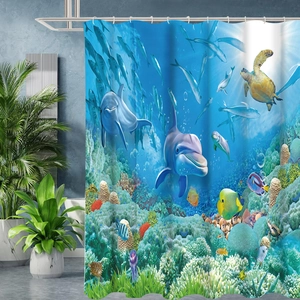 Ocean world shower curtain with dolphins and coral reefs in a modern bathroom setting