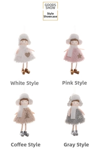 Détails des pendentifs anges en peluche blanc, rose, kaki et gris avec icônes pailletées