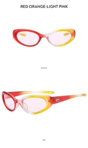 Detailed front and side views of Y2K cycling sunglasses with red and pink gradient lenses