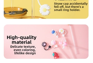 Detail of colorful silicone straw covers featuring daisy, cat paw, and strawberry designs