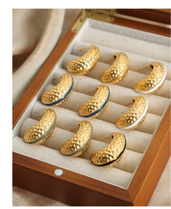 Detail view of colorful vintage enamel C-shaped titanium earrings in a wooden box