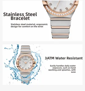 Detail of luxury ladies' steel watch showing 3ATM water resistance and crystal markers