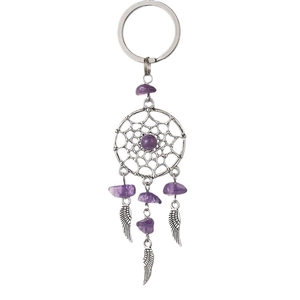 Dreamcatcher keychain with purple crystal stones and silver feather charms on white background