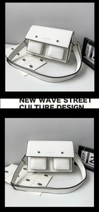 Detail of white PU leather messenger bag featuring double front flap pockets and wide strap