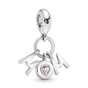 Detail of silver MOM pendant featuring a pink heart stone and purple gemstone accent