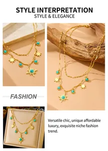 Detailed close-up of double-layer vintage turquoise star necklace in gold stainless steel