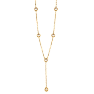 Detail of elegant gold Y-shaped necklace featuring sparkling zircon stations and pear pendant