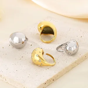 Chunky Dome Ring Stainless Steel 18K Gold Plated Rhinestone Encrusted Open Adjustable Irregular Liquid Metal For Women