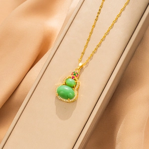 Titanium steel gourd necklace with green jade pendant in a premium beige jewelry box