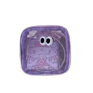 Borsa cosmetica in rete viola con occhi a cartone animato e grande scomparto zip