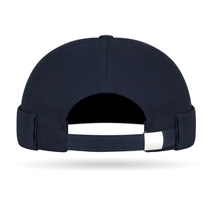 Navy blue embroidered brimless Docker hat with adjustable strap and silver metal buckle