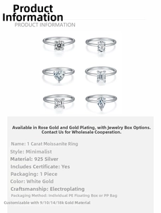 Detail showing six cuts of 1ct moissanite rings in 925 sterling silver settings