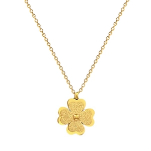 Minimalist gold titanium steel necklace with a matte four-leaf clover pendant on white background