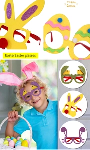Close-up of Easter party glasses featuring glittery bunny, chick, and eggshell felt designs