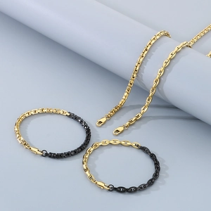 Chic two-tone gold and black stainless steel necklace and bracelet jewelry set for unisex