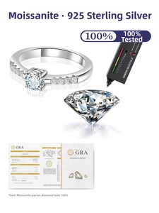 Detail view of 925 sterling silver moissanite ring with GRA certificate and tester