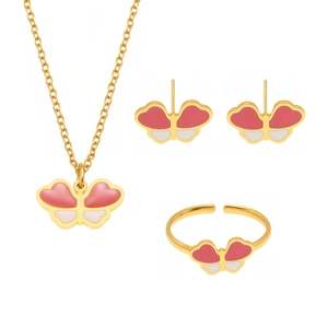Parure de bijoux papillon rose et blanc avec collier boucles d'oreilles et bague