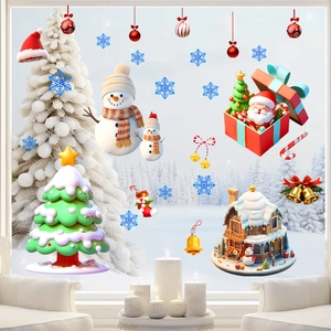 Detail of Christmas window stickers featuring Santa, snowman and snowflakes on glass
