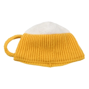 Detailed knit texture of 3D beer mug hat with yellow base and white handle foam