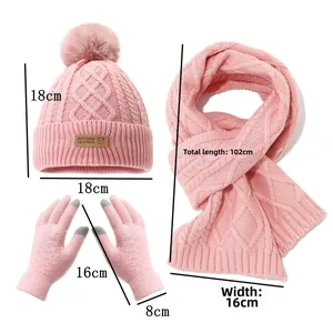 Pink knit set for kids featuring cable stitch hat, scarf, and touchscreen gloves with size charts